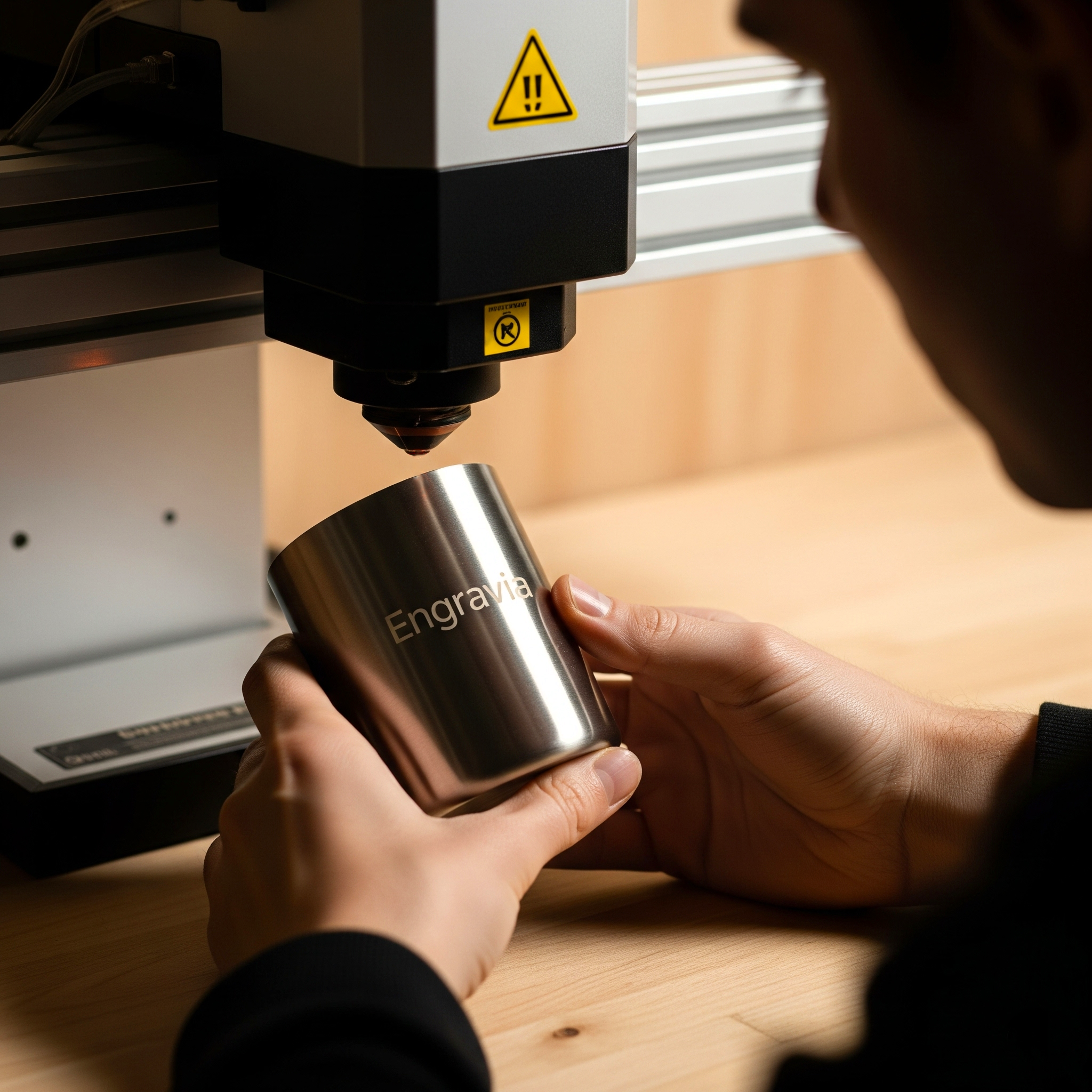 About Us – A laser engraving machine etching the name “Engravia” onto a stainless steel cup while a person carefully observes and adjusts the cup.