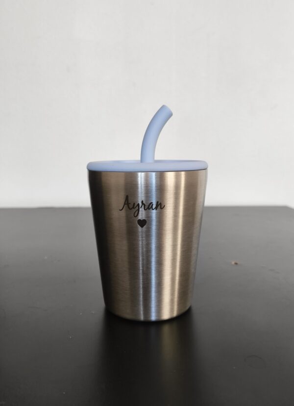 Personalized small stainless steel cup for kids with silicone lid and straw, engraved with custom name