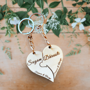 sample 1 - bg blur Personalized wooden heart keyring set for couples, engraved with custom names