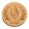 Personalized round cork coaster with engraved monogram initial and custom name