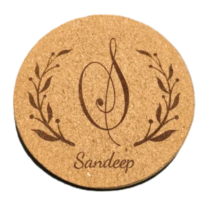 Personalized Monogram Cork Coaster – Custom Name Engraved Personalized round cork coaster with engraved monogram initial and custom name