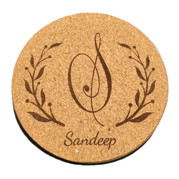 Personalized round cork coaster with engraved monogram initial and custom name
