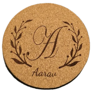 Personalized round cork coaster with engraved monogram initial and custom name