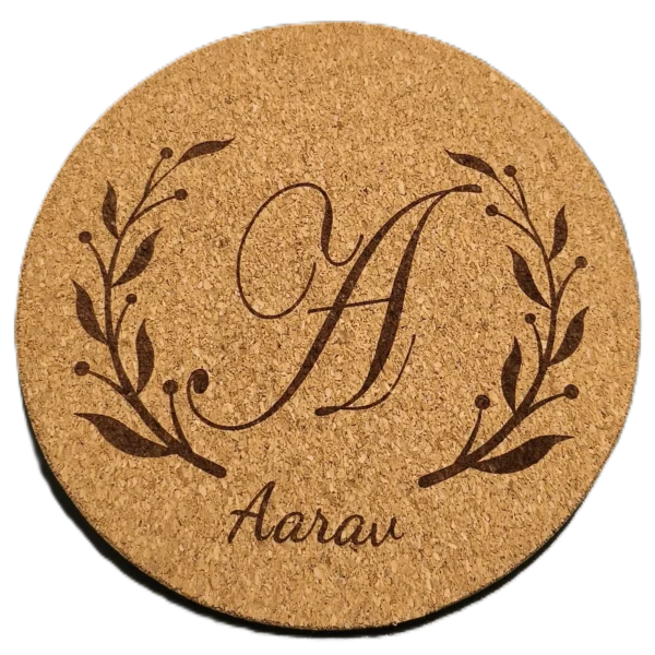 Personalized round cork coaster with engraved monogram initial and custom name