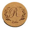 Personalized round cork coaster with engraved monogram initial and custom name