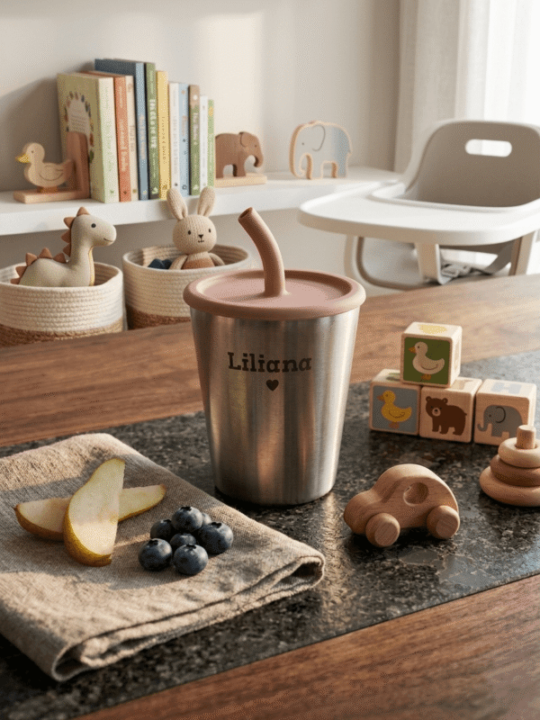 Personalized stainless steel kids cup engraved with Liliana, pink lid, styled in soft kitchen setting