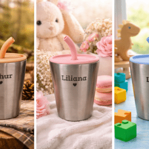 Set of three personalized stainless steel kids cups with names Arthur, Liliana and Leo