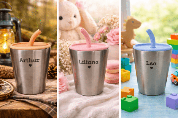Set of three personalized stainless steel kids cups with names Arthur, Liliana and Leo
