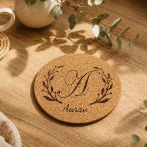 Personalised monogram cork coaster with floral letter A design and custom name Aarav on a warm wooden table