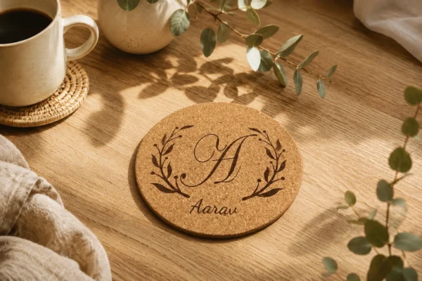 Personalised monogram cork coaster with floral letter A design and custom name Aarav on a warm wooden table