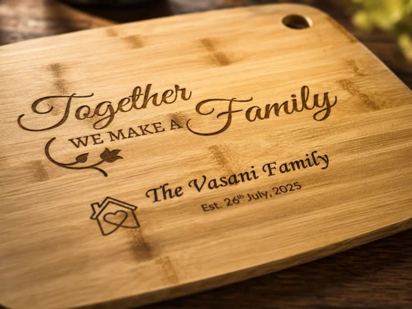 Close-up macro view of a personalised engraved bamboo chopping board showcasing detailed laser engraving with warm natural lighting and blurred background.