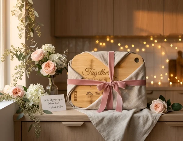 Personalised engraved bamboo chopping board wrapped with a pink ribbon and linen cloth, surrounded by flowers in a warm kitchen setting.
