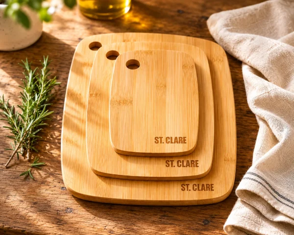 Personalised engraved bamboo chopping board on a worn oak kitchen countertop with fresh rosemary and cream linen tea towel in warm morning sunlight.